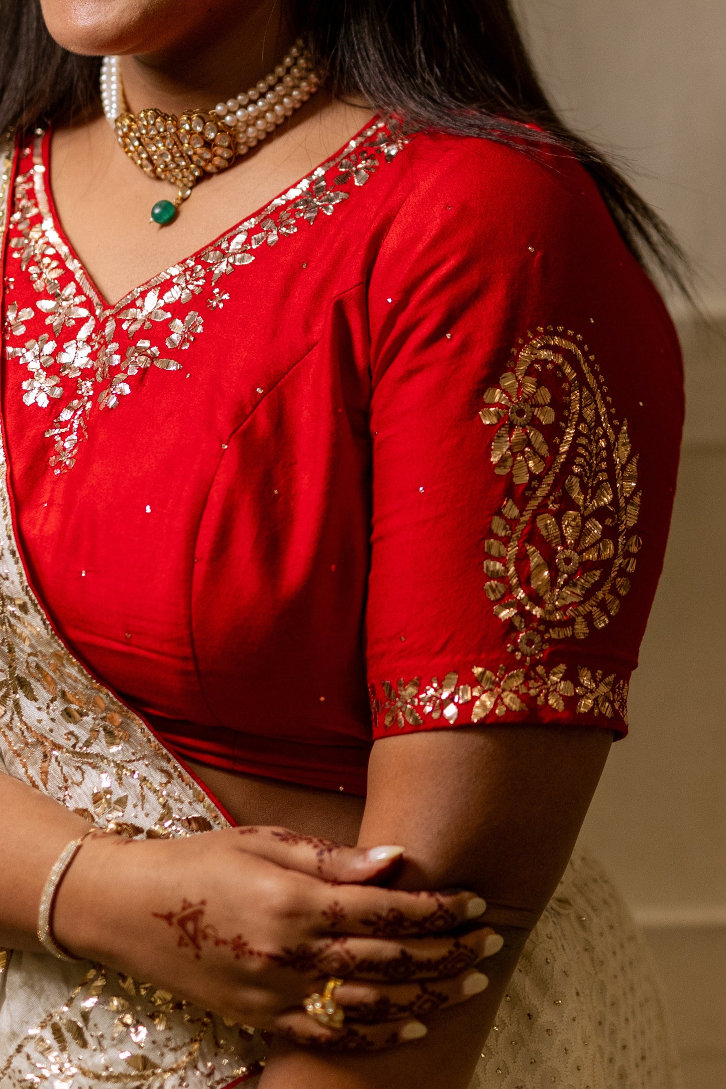 Beige and Red Chikankari and Mukaish Silk Chanderi Lehenga with Tissue Dupatta