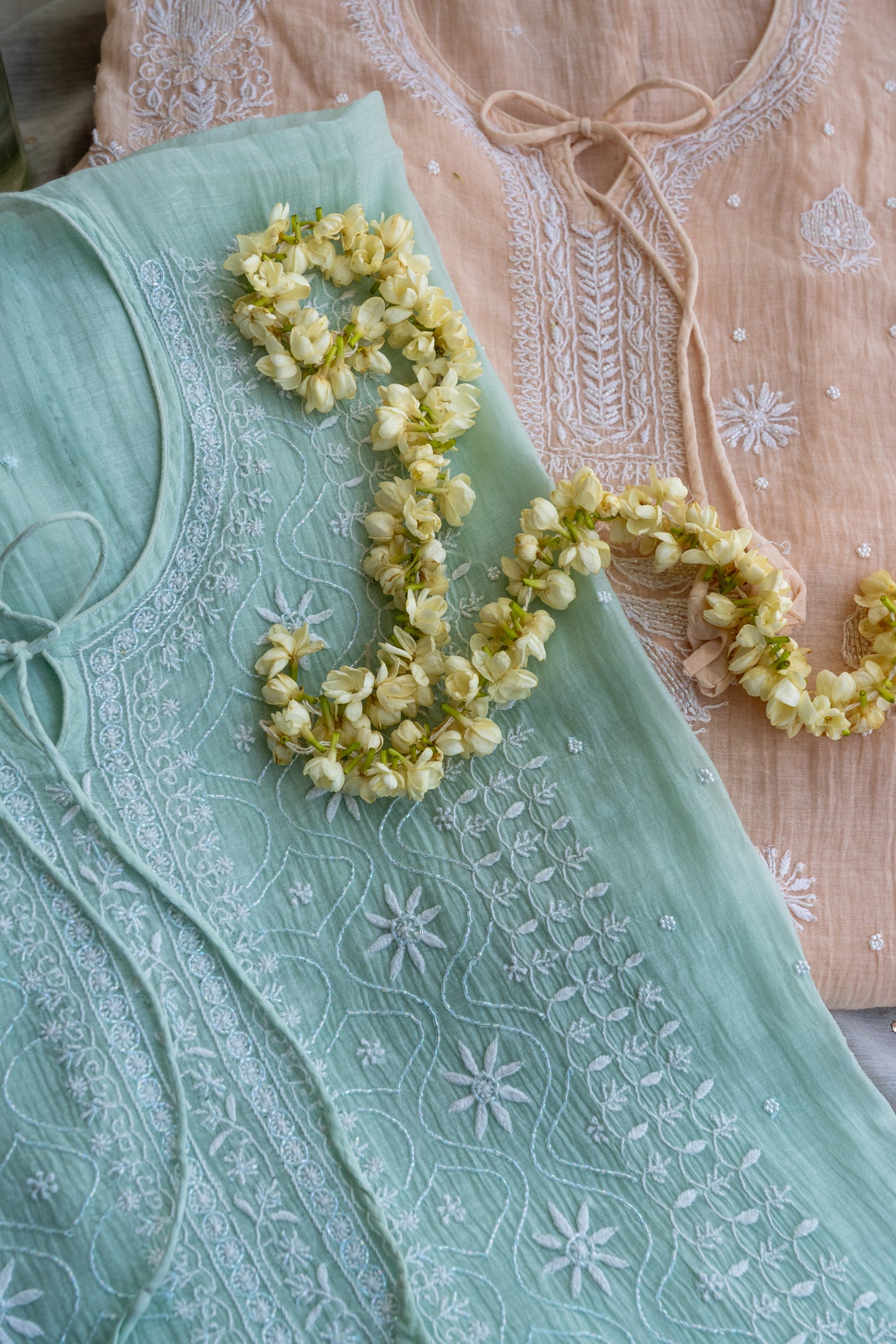 Aabroo- Peach Orange Chikankari Kaftan in Mul Chanderi