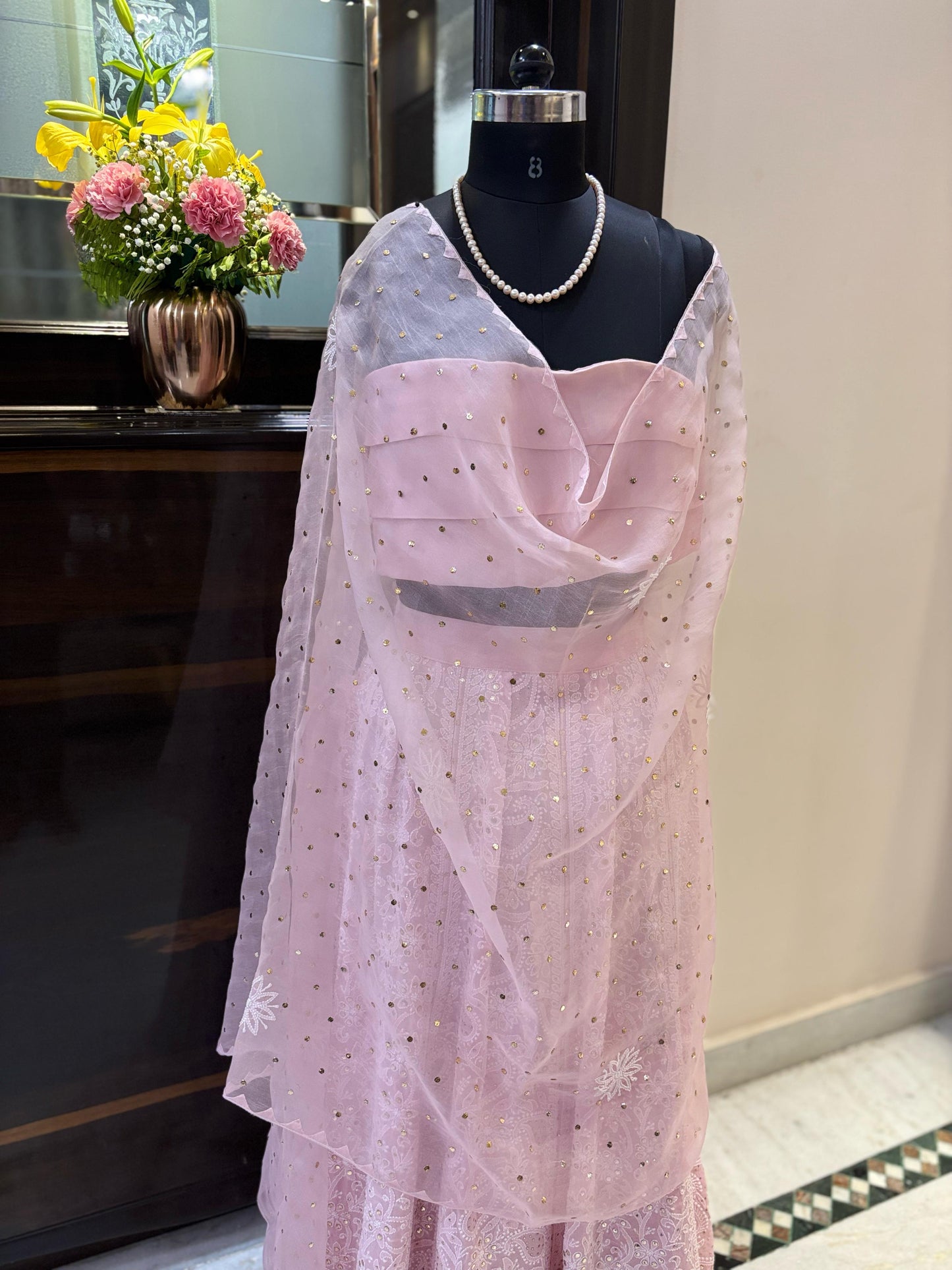 Custom Chikankari and Mukaish Georgette Lehenga with Organza Dupatta