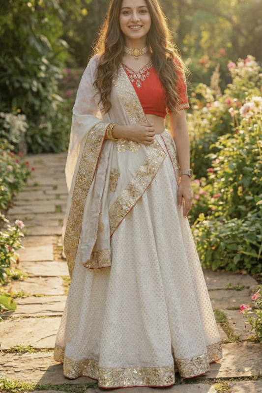 Beige and Red Chikankari and Mukaish Silk Chanderi Lehenga with Tissue Dupatta