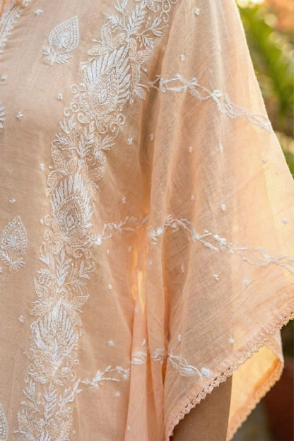 Aabroo- Peach Orange Chikankari Kaftan in Mul Chanderi
