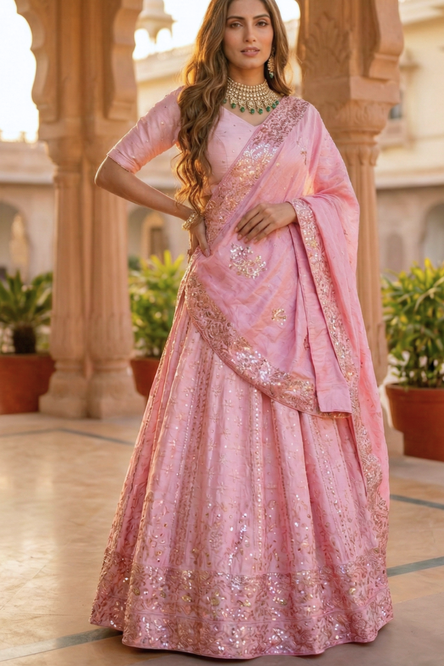 Ombre Chikankari and Mukaish Silk Chanderi Lehenga with Tissue Dupatta