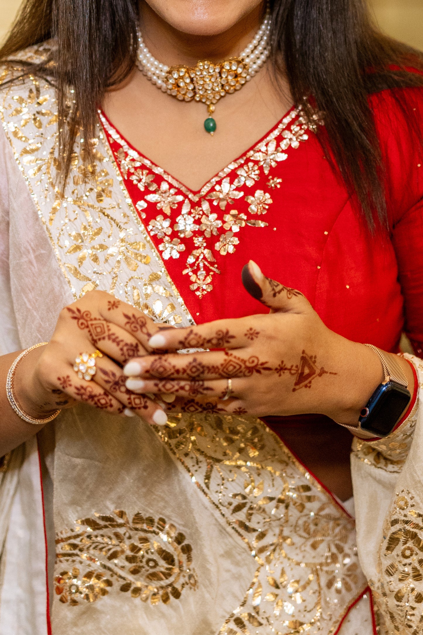 Beige and Red Chikankari and Mukaish Silk Chanderi Lehenga with Tissue Dupatta
