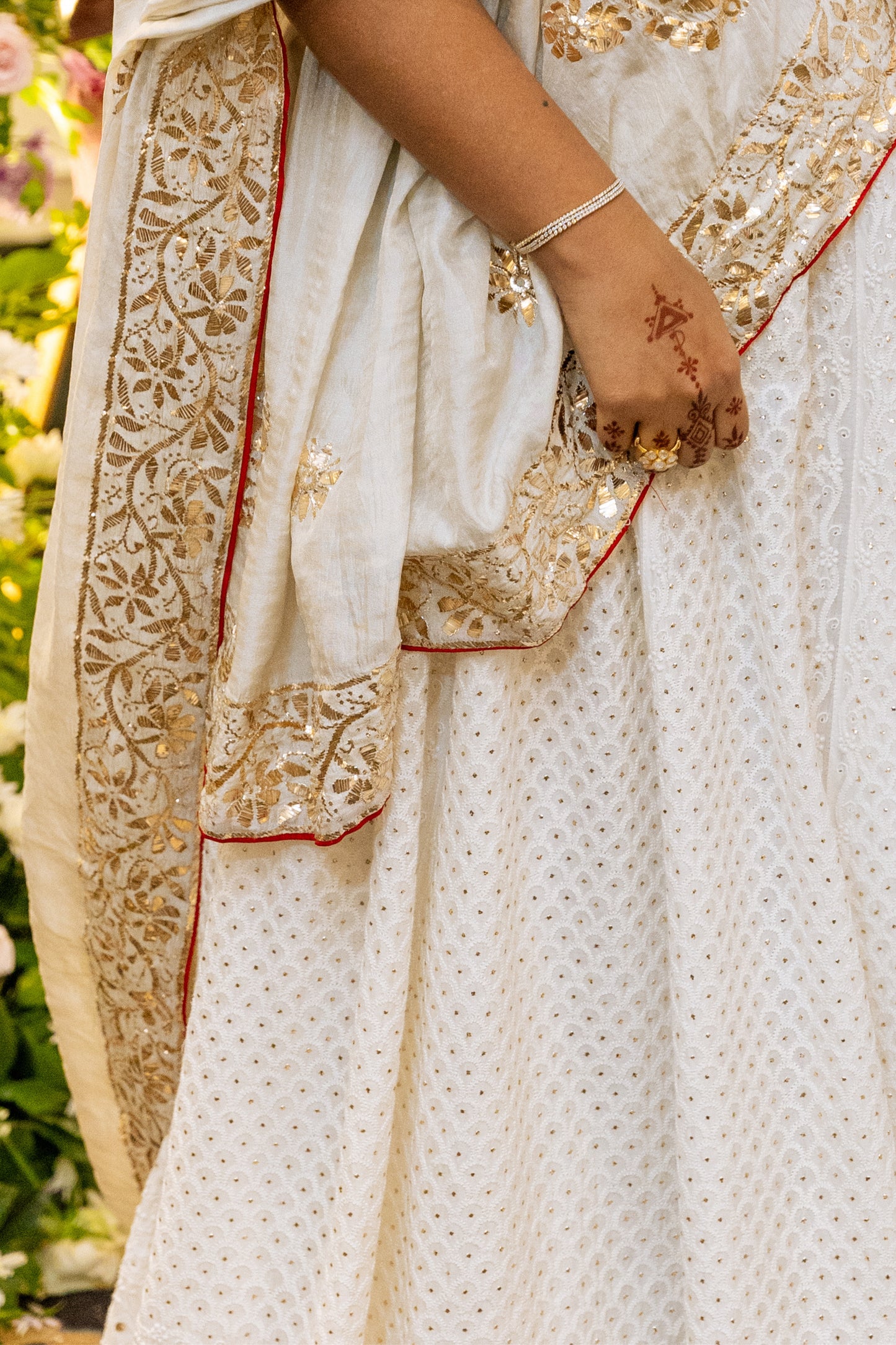 Beige and Red Chikankari and Mukaish Silk Chanderi Lehenga with Tissue Dupatta