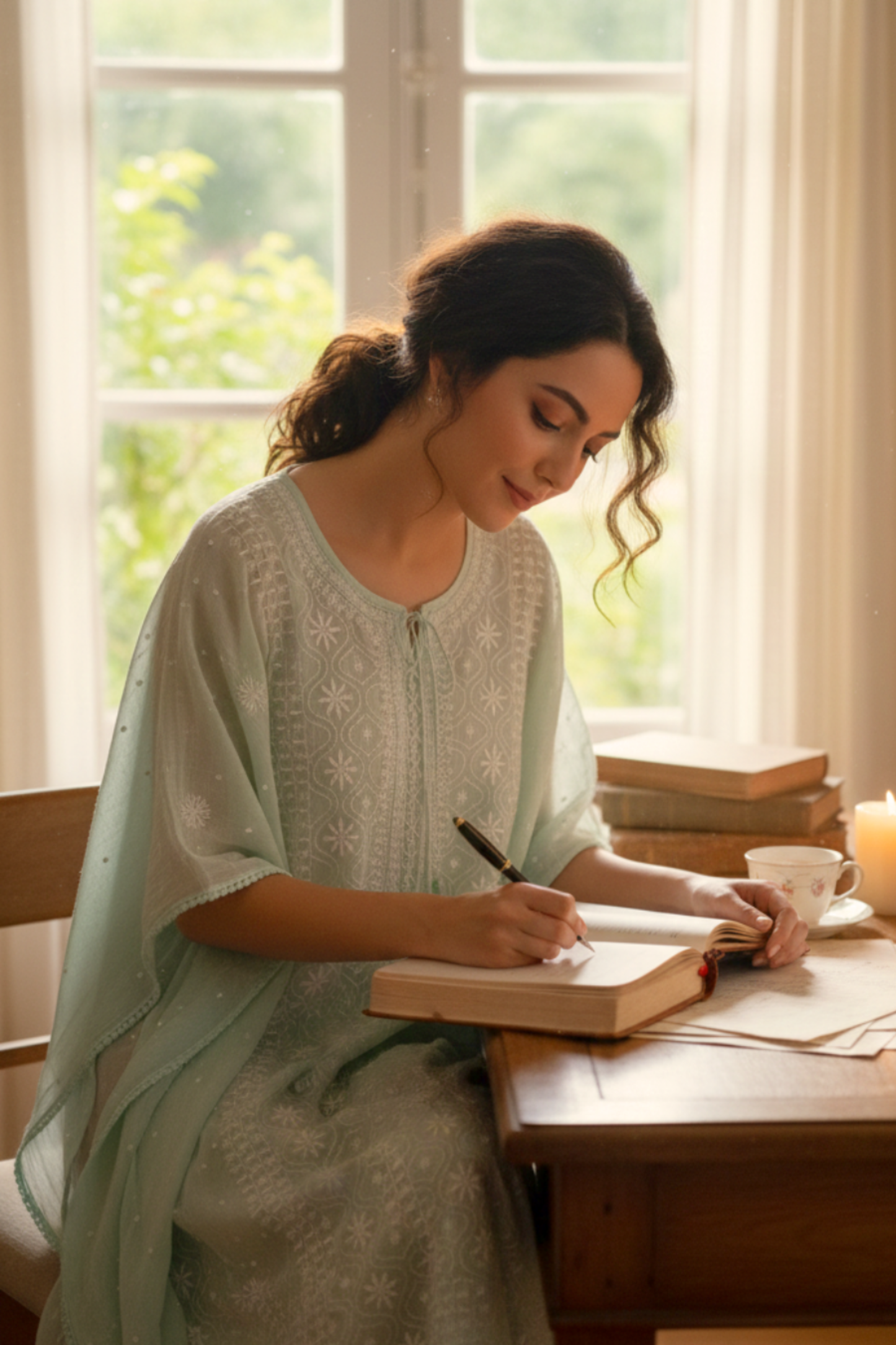Suroor- Pista Green Chikankari Kaftan in Mul Chanderi