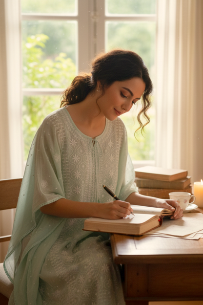 Suroor- Pista Green Chikankari Kaftan in Mul Chanderi