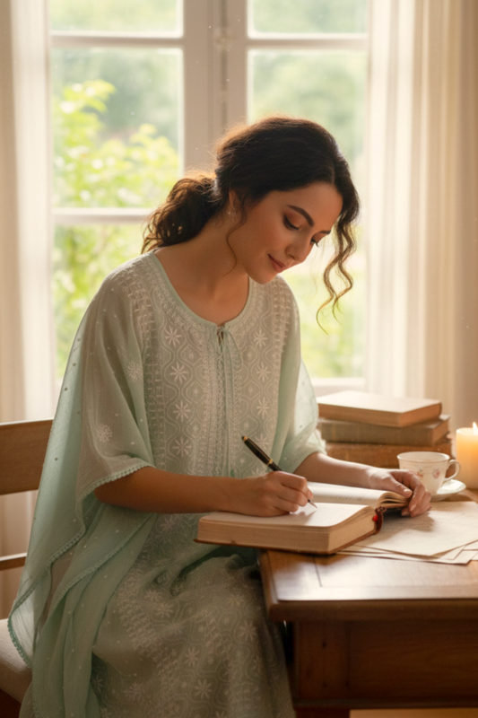 Suroor- Pista Green Chikankari Kaftan in Mul Chanderi