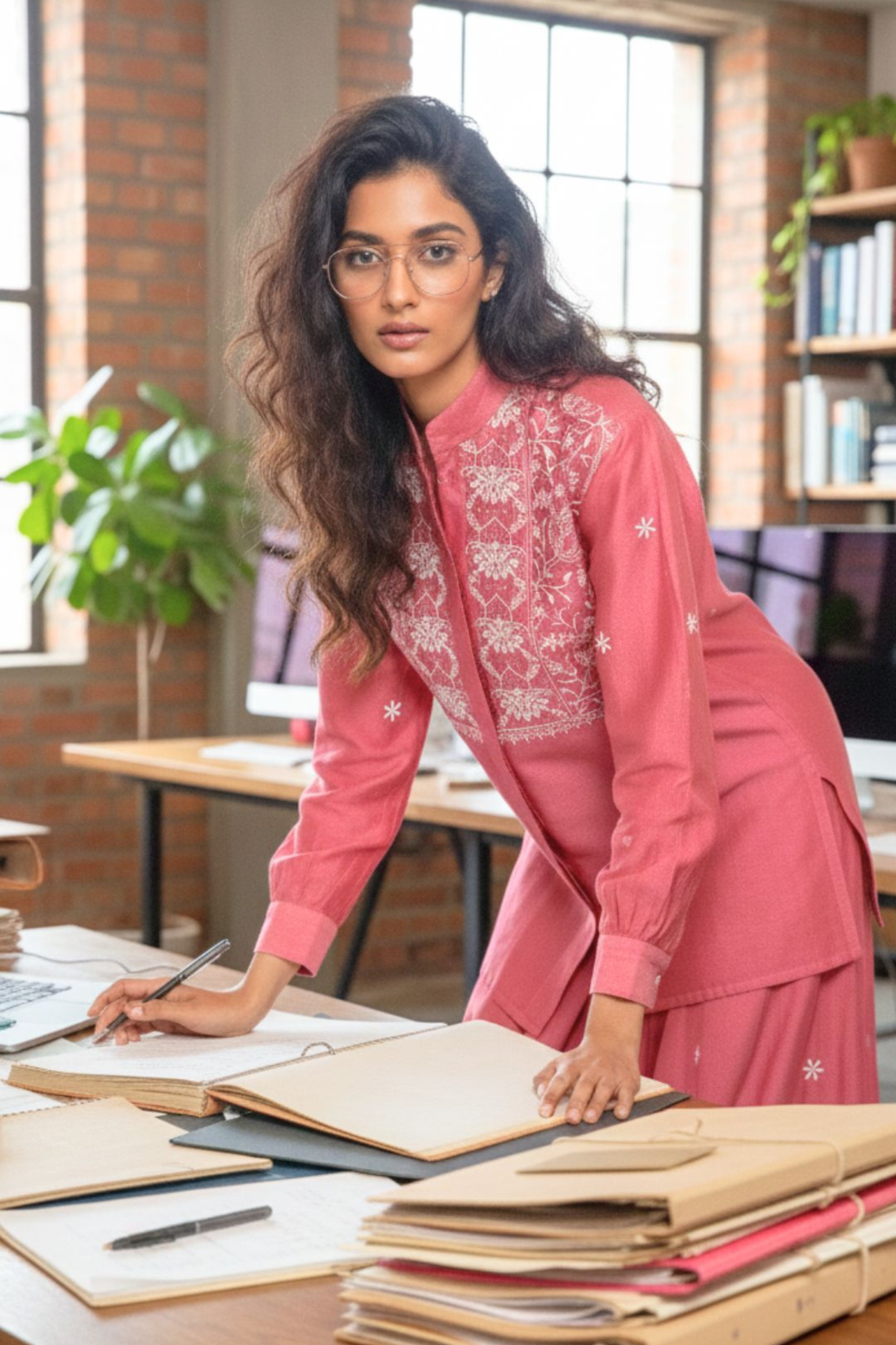 Navira- Light Maroon Chikankari Co-ord set in Mul Chanderi