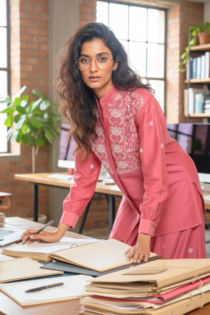 Navira- Light Maroon Chikankari Co-ord set in Mul Chanderi