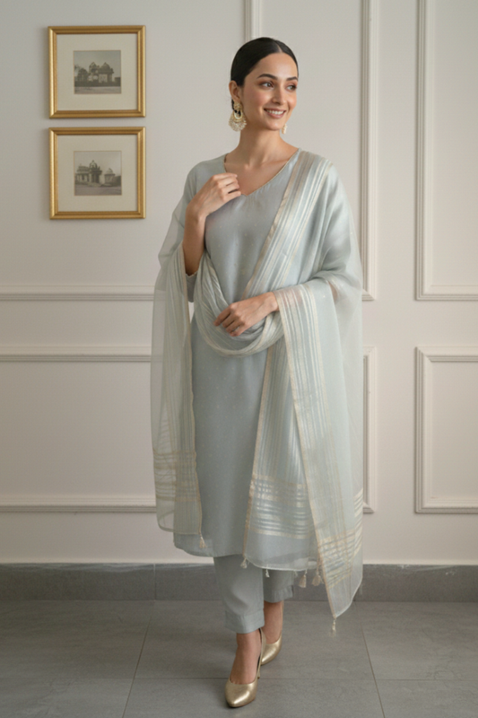 Powder Sky- Cotton Silk Banarasi Suit set