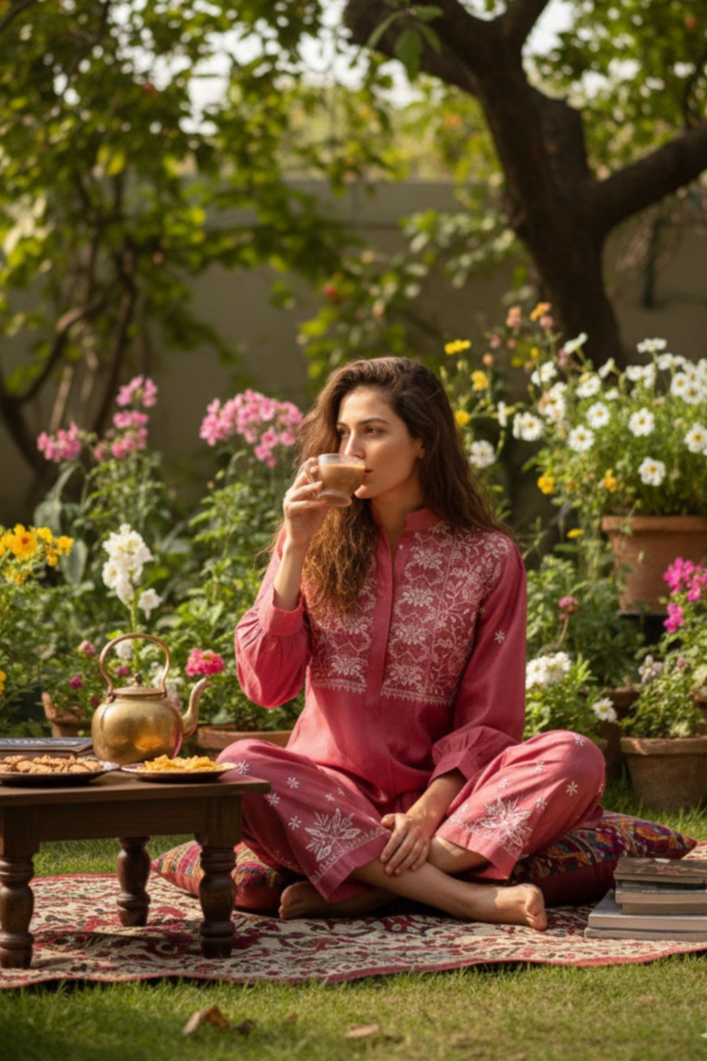 Navira- Light Maroon Chikankari Co-ord set in Mul Chanderi