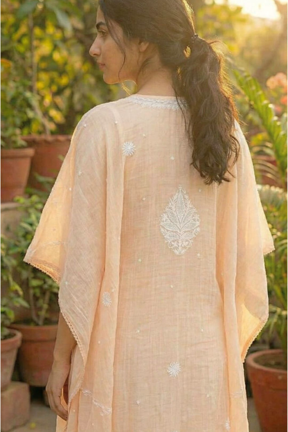 Aabroo- Peach Orange Chikankari Kaftan in Mul Chanderi