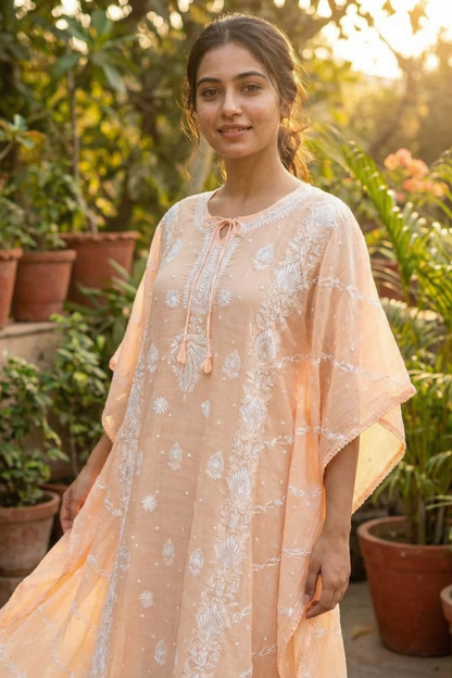 Aabroo- Peach Orange Chikankari Kaftan in Mul Chanderi