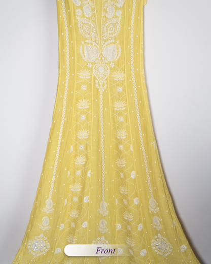 Surajmukhi- Lemon Yellow Chikankari Anarkali in Mul Chanderi