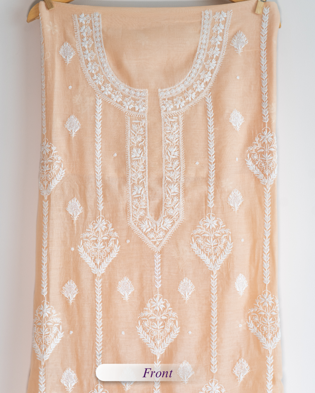 Shafaq- Creamy Peach Chikankari Suit in Mul Chanderi