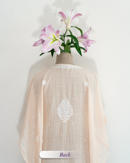 Aabroo- Peach Orange Chikankari Kaftan in Mul Chanderi