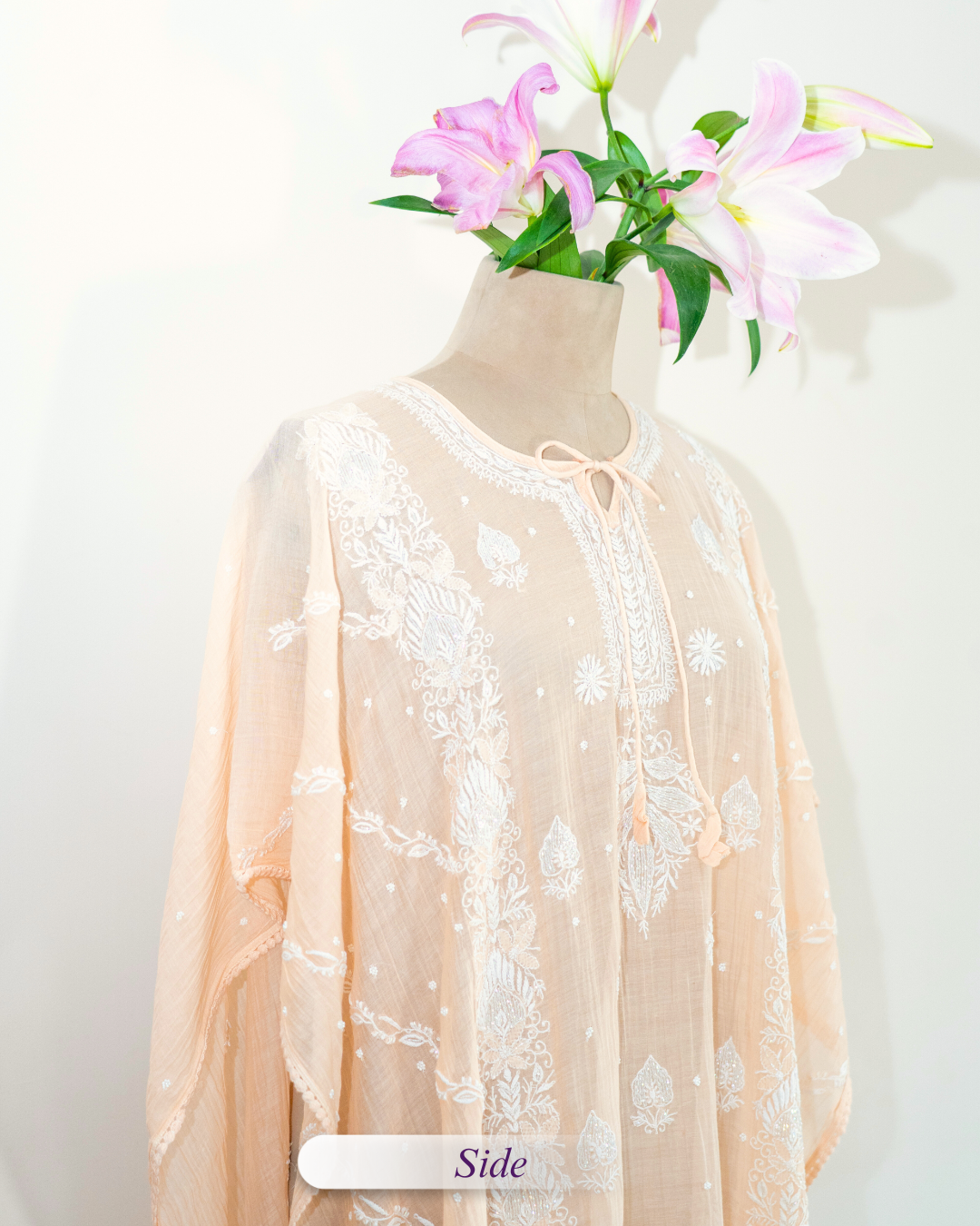 Aabroo- Peach Orange Chikankari Kaftan in Mul Chanderi