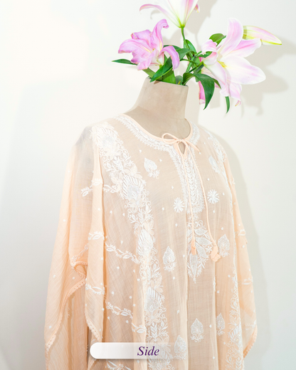 Aabroo- Peach Orange Chikankari Kaftan in Mul Chanderi
