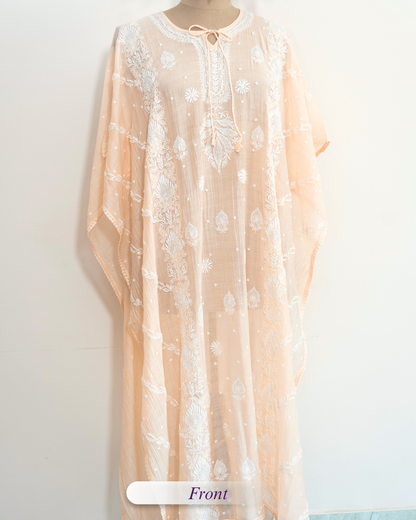 Aabroo- Peach Orange Chikankari Kaftan in Mul Chanderi