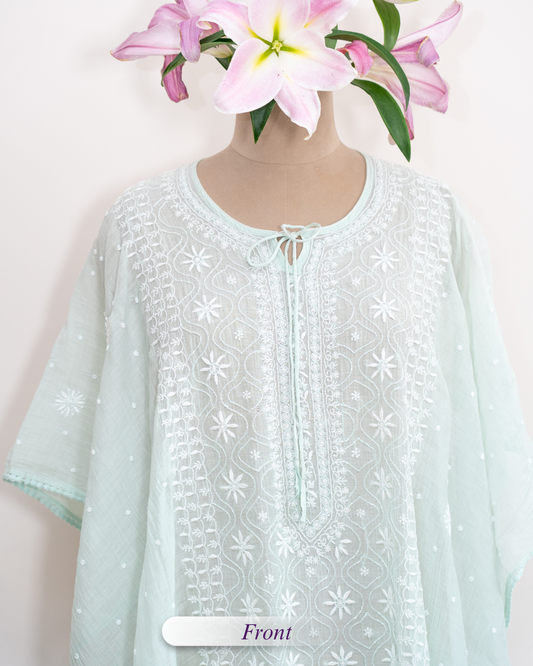 Suroor- Pista Green Chikankari Kaftan in Mul Chanderi