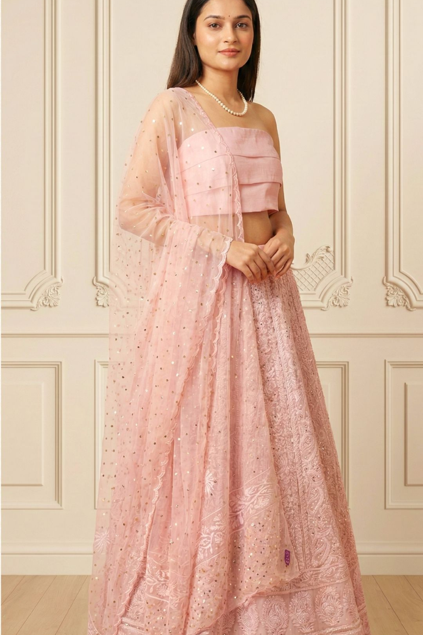 Custom Chikankari and Mukaish Georgette Lehenga with Organza Dupatta