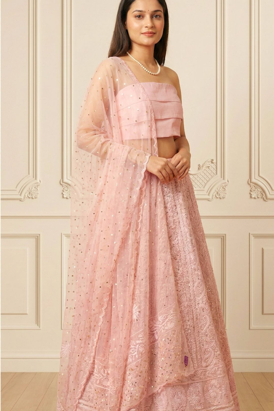 Custom Chikankari and Mukaish Georgette Lehenga with Organza Dupatta