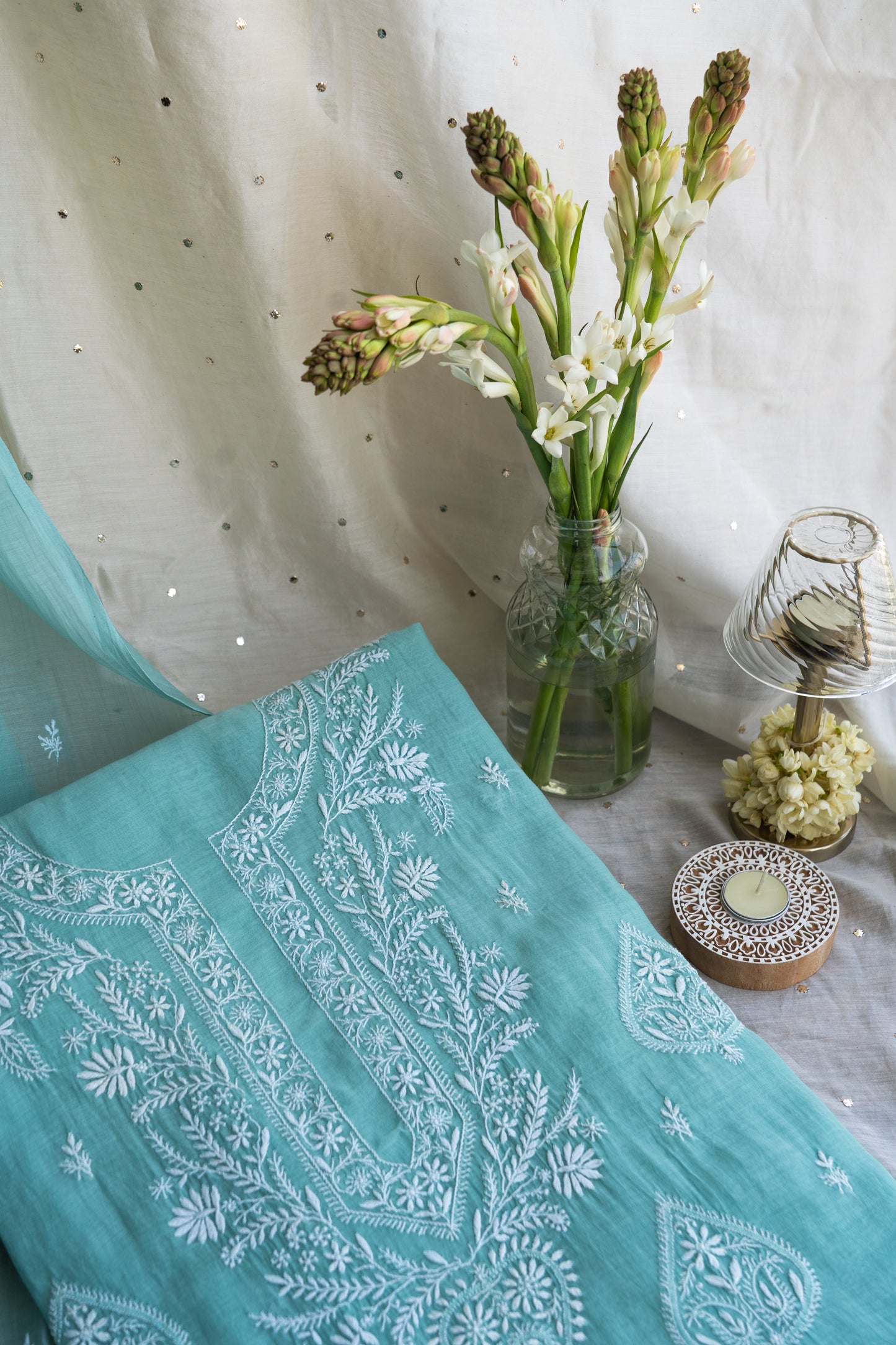 Sukoon- Turquoise Chikankari Suit in Mul Chanderi