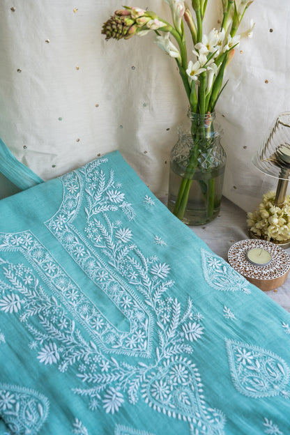 Sukoon- Turquoise Chikankari Suit in Mul Chanderi