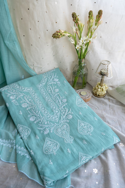 Sukoon- Turquoise Chikankari Suit in Mul Chanderi