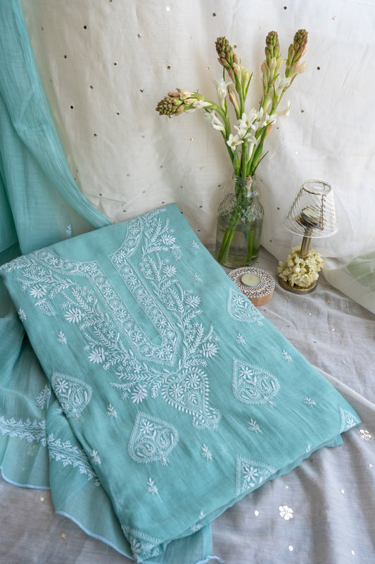 Sukoon- Turquoise Chikankari Suit in Mul Chanderi