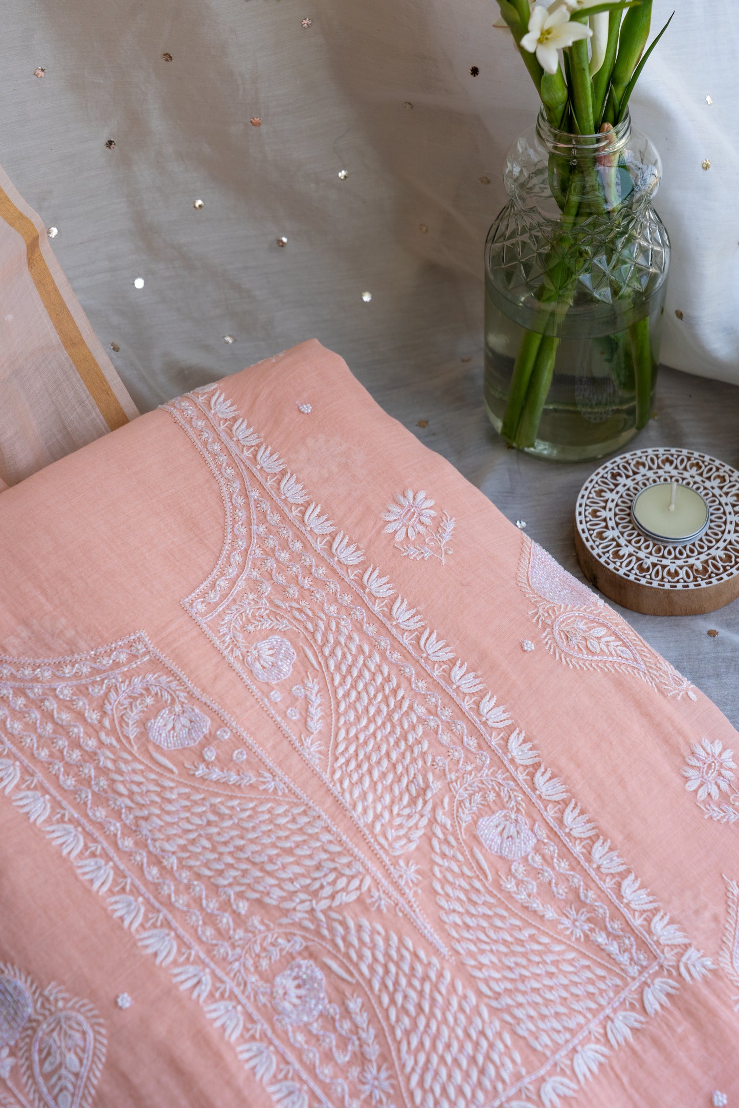 Taraana- Apricot Chikankari Suit in Mul Chanderi