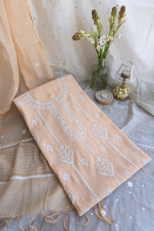 Shafaq- Creamy Peach Chikankari Suit in Mul Chanderi