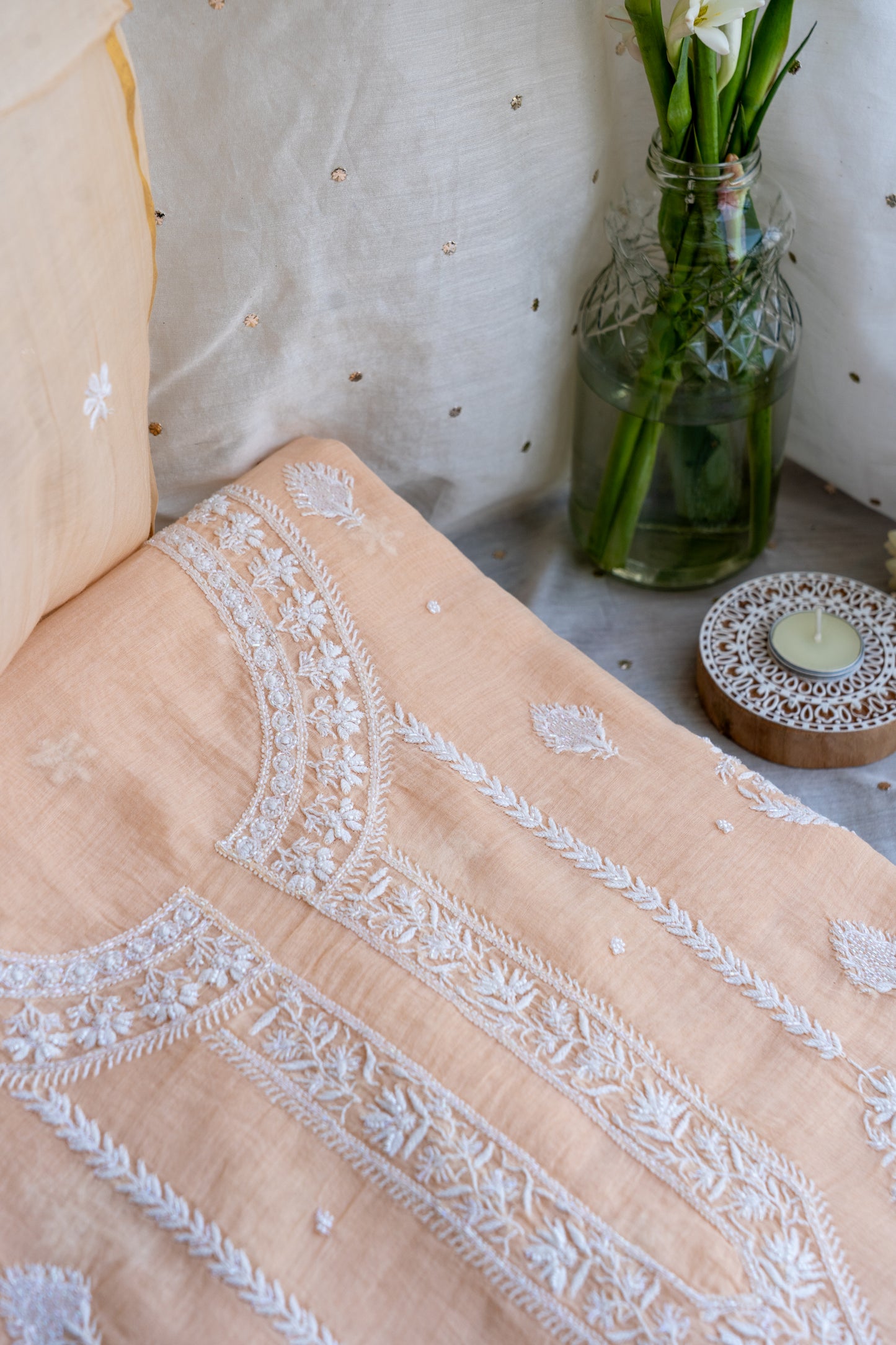 Shafaq- Creamy Peach Chikankari Suit in Mul Chanderi