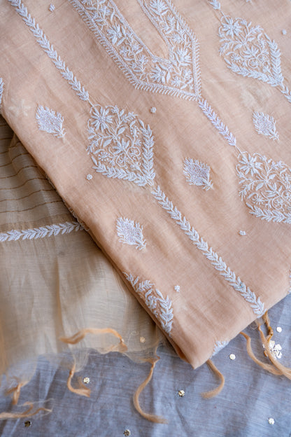Shafaq- Creamy Peach Chikankari Suit in Mul Chanderi