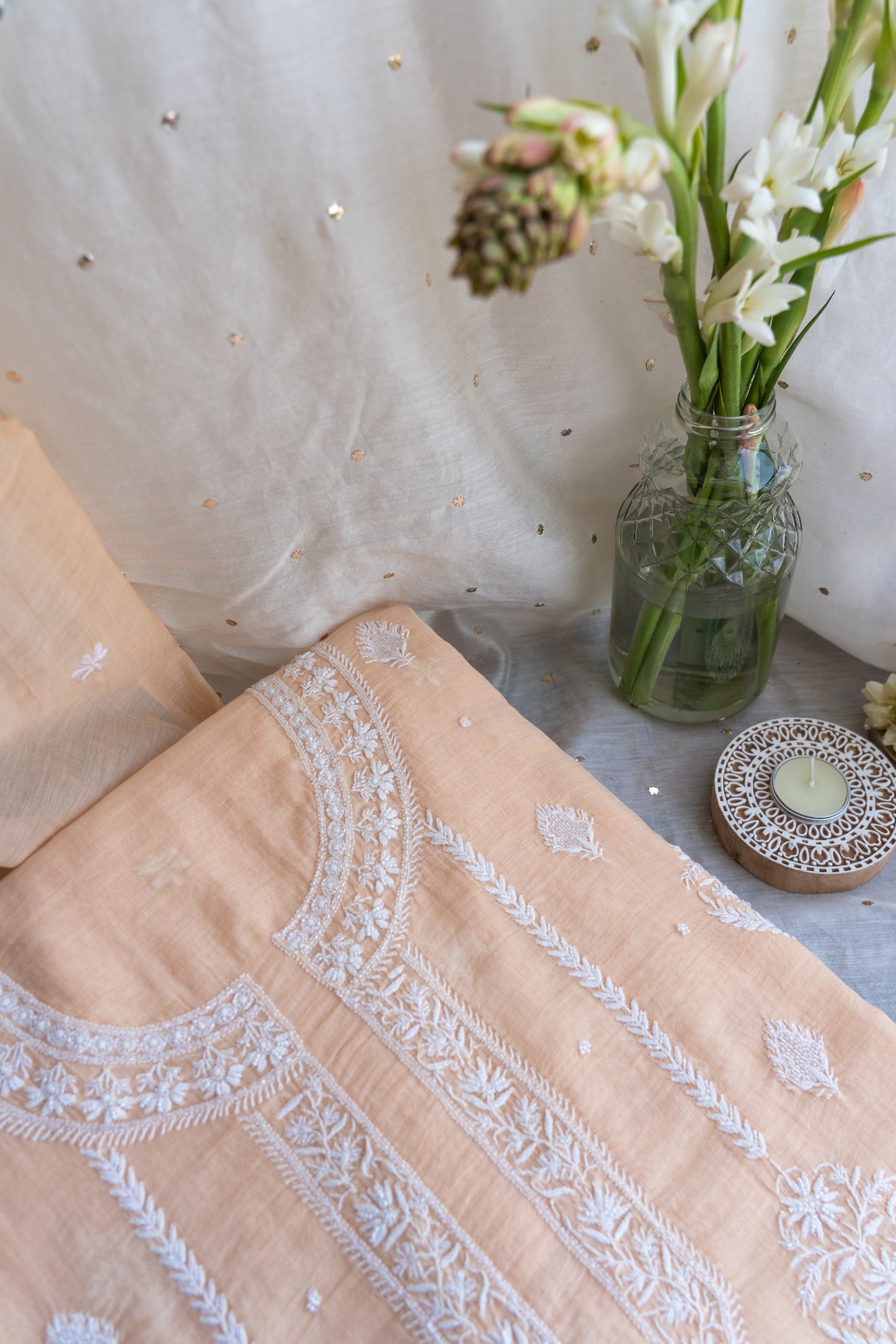 Shafaq- Creamy Peach Chikankari Suit in Mul Chanderi