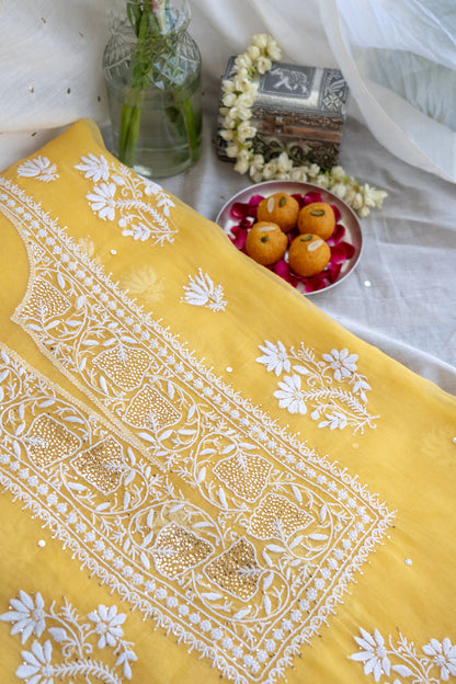 Amaltas- Sunny Yellow Chikankari Suit in Organza