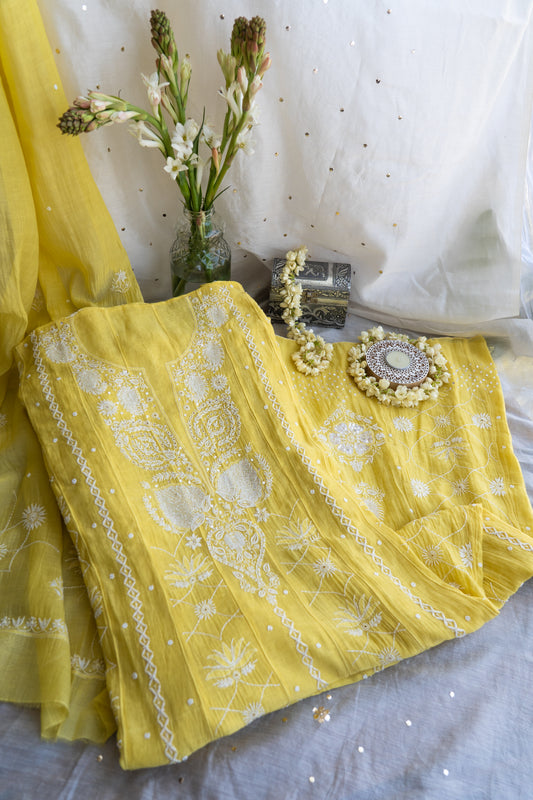 Surajmukhi- Lemon Yellow Chikankari Anarkali in Mul Chanderi