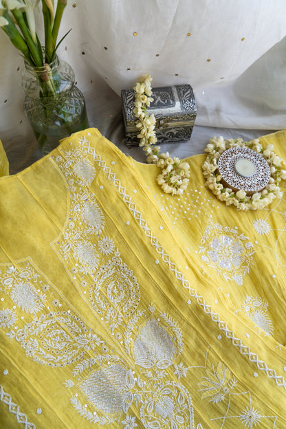 Surajmukhi- Lemon Yellow Chikankari Anarkali in Mul Chanderi