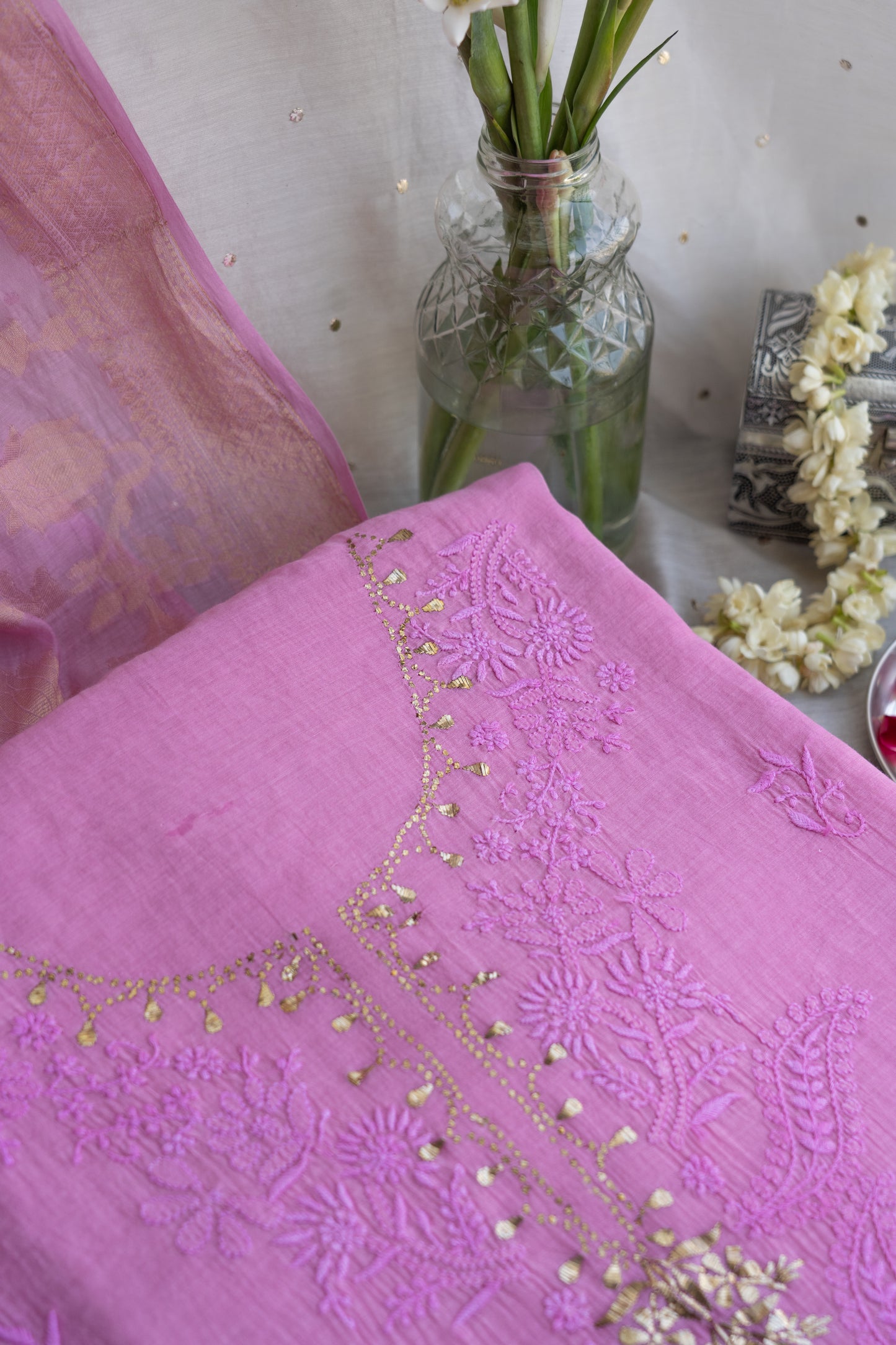 Vaidehi- Chikankari Mukaish Suit with Banarasi Dupatta
