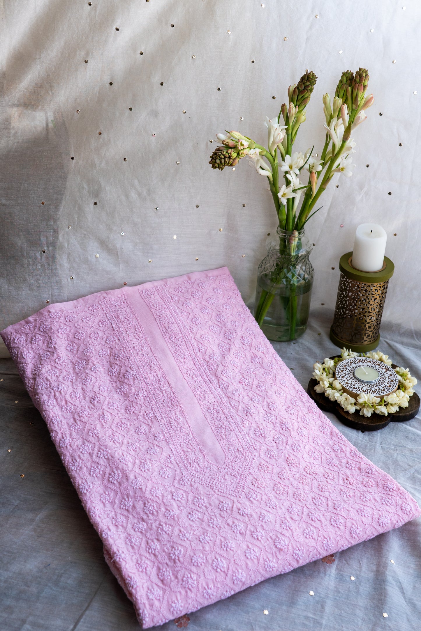 Pink Petals- Bubblegum Pink Chikankari Men's Kurta in Silk Chanderi