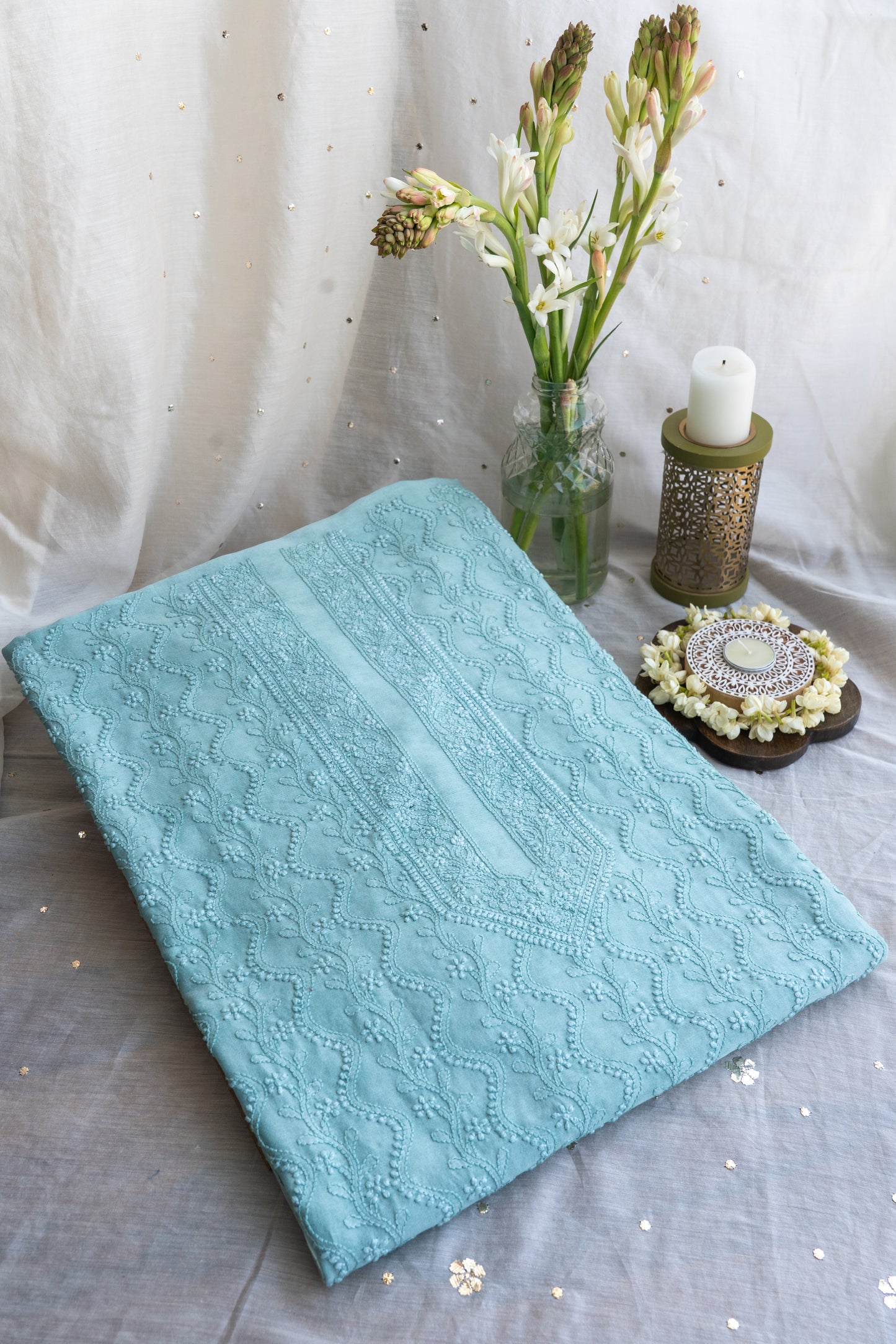 Olive- Aqua Green Chikankari Men's Kurta in Silk Chanderi