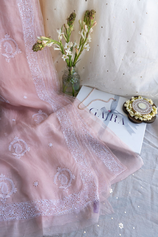 Madhubala- Blush Pink Chikankari Saree in Organza
