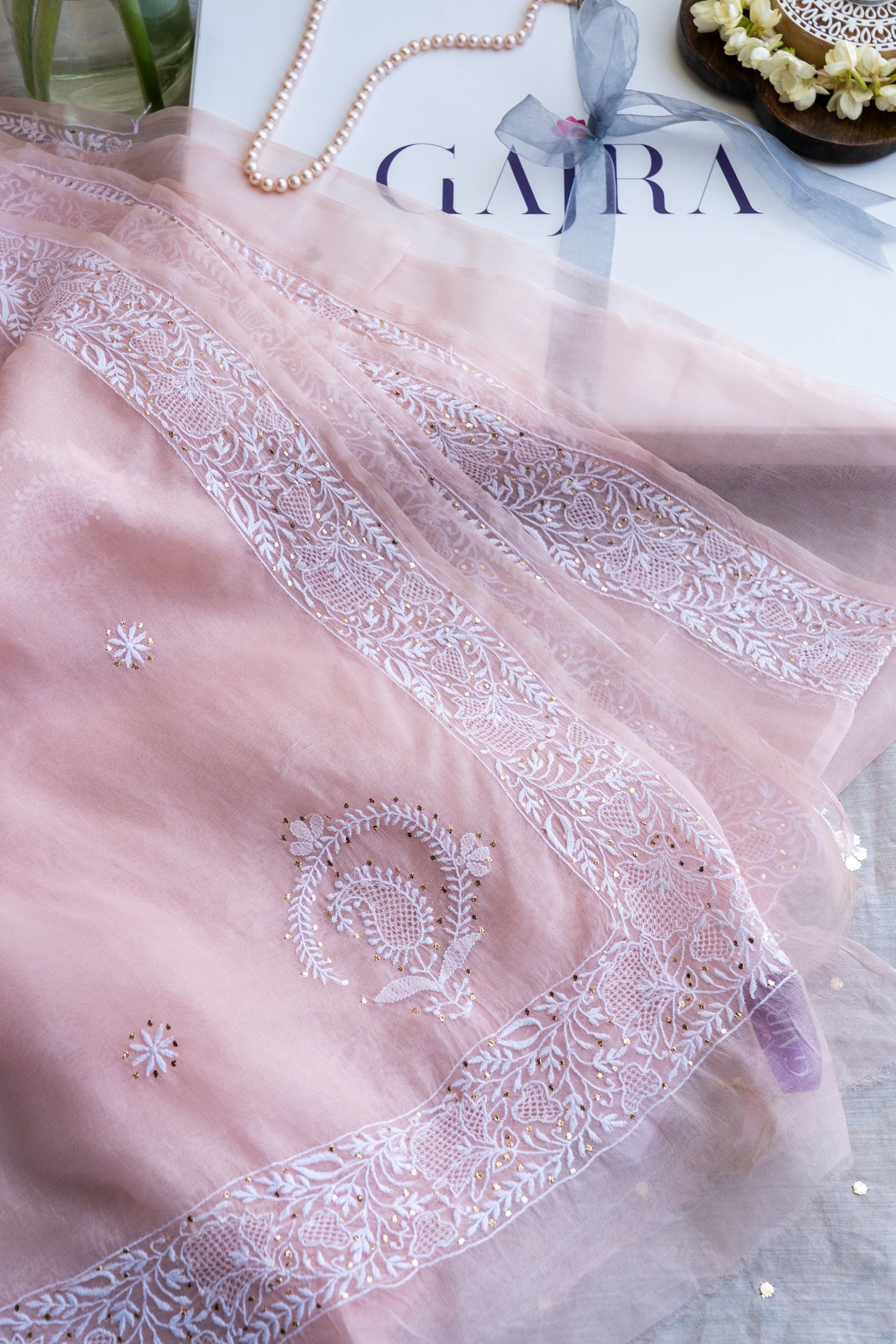 Madhubala- Blush Pink Chikankari Saree in Organza