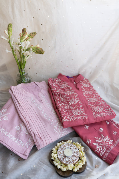 Navira- Light Maroon Chikankari Co-ord set in Mul Chanderi