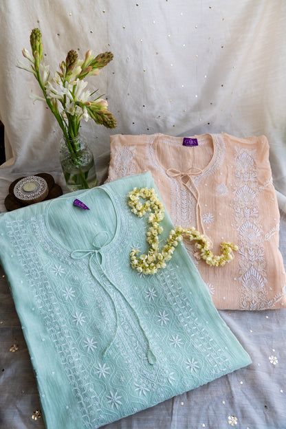 Aabroo- Peach Orange Chikankari Kaftan in Mul Chanderi