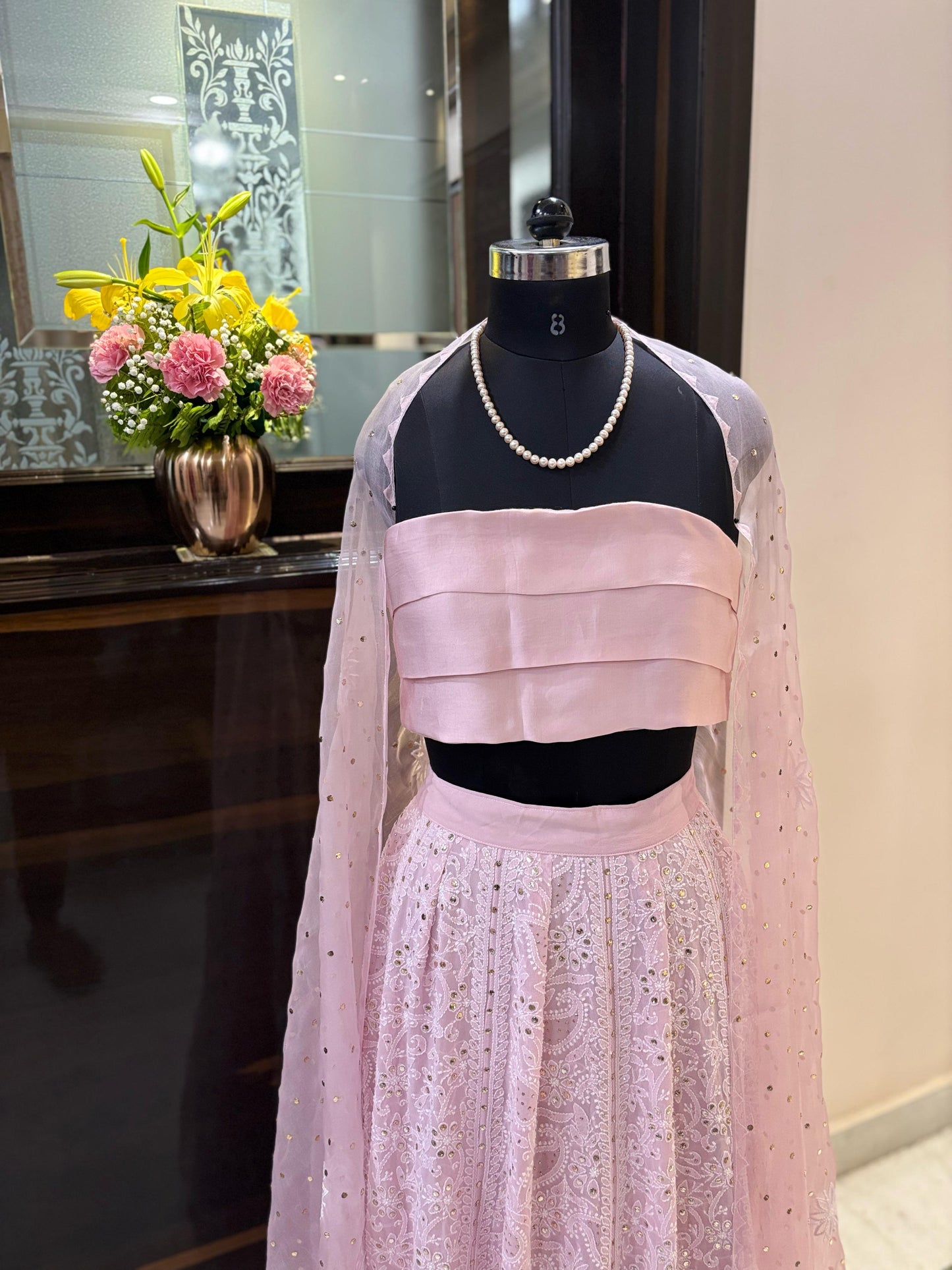 Custom Chikankari and Mukaish Georgette Lehenga with Organza Dupatta