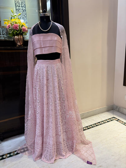 Custom Chikankari and Mukaish Georgette Lehenga with Organza Dupatta