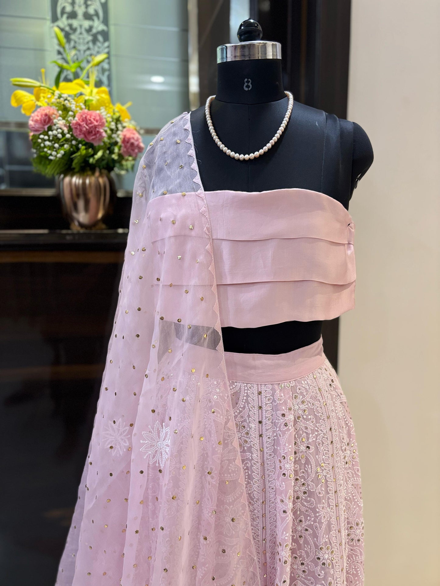 Custom Chikankari and Mukaish Georgette Lehenga with Organza Dupatta