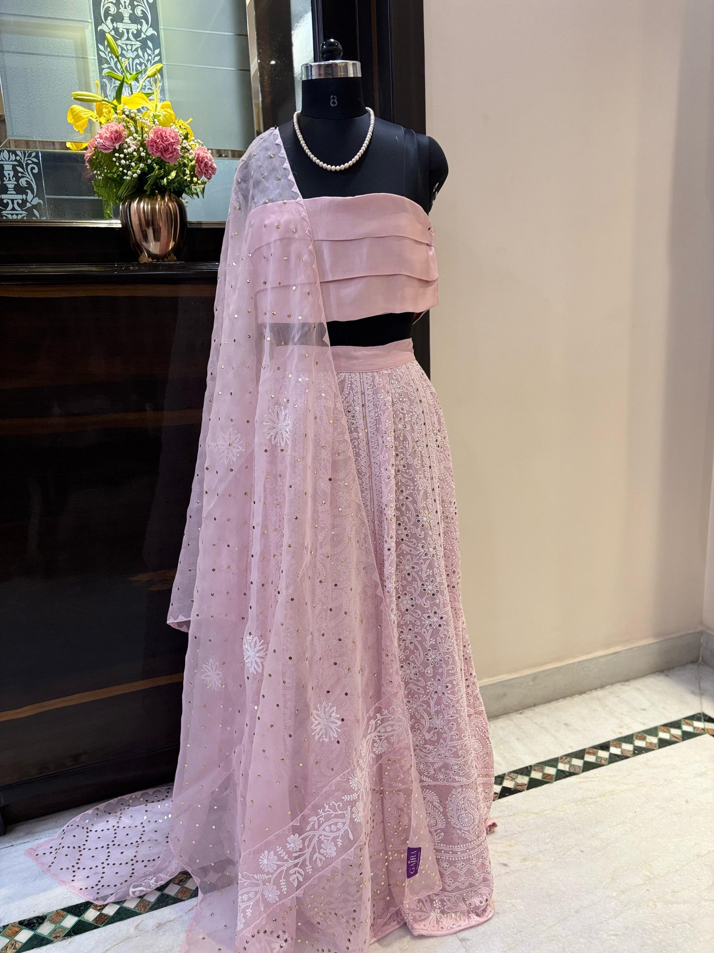Custom Chikankari and Mukaish Georgette Lehenga with Organza Dupatta