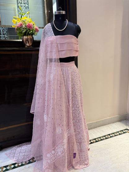 Custom Chikankari and Mukaish Georgette Lehenga with Organza Dupatta